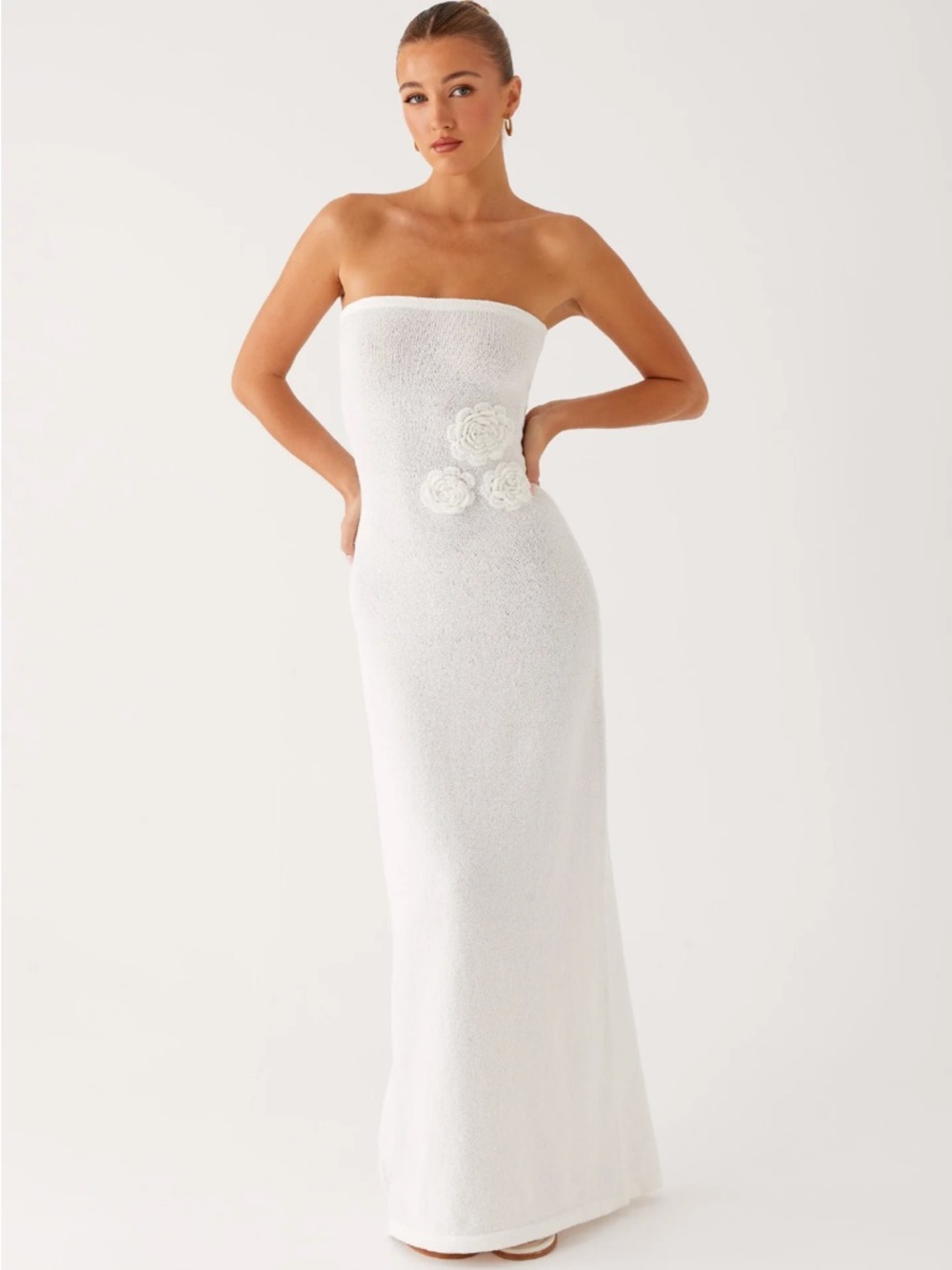 Peppermayo White Strapless Textured Maxi Dress with Rosette Accents